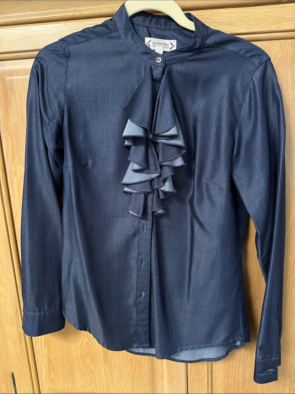 Nannette Size S Navy Ruffle Front Long Sleeve Blouse